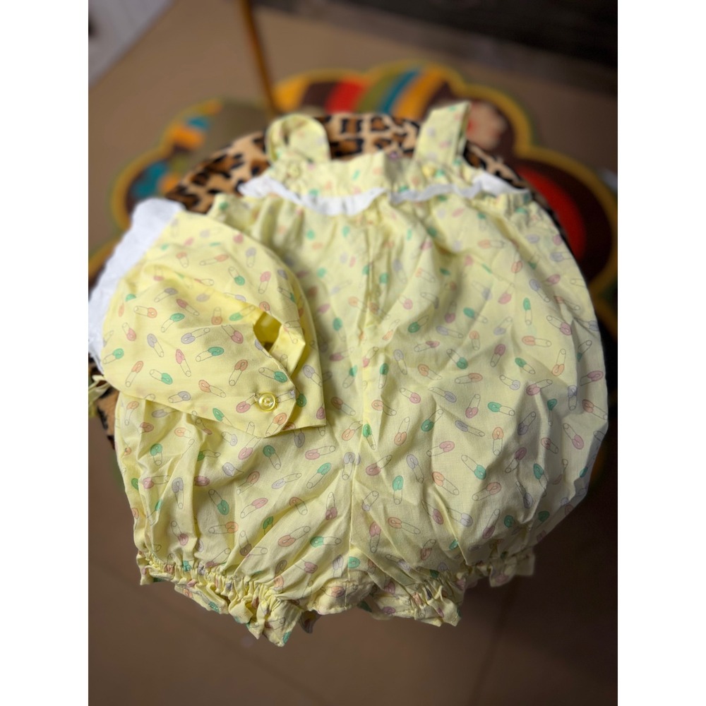 Vintage Yellow Safety Pin Print Baby Sunsuit and Bonnet Set with Eyelet Lace